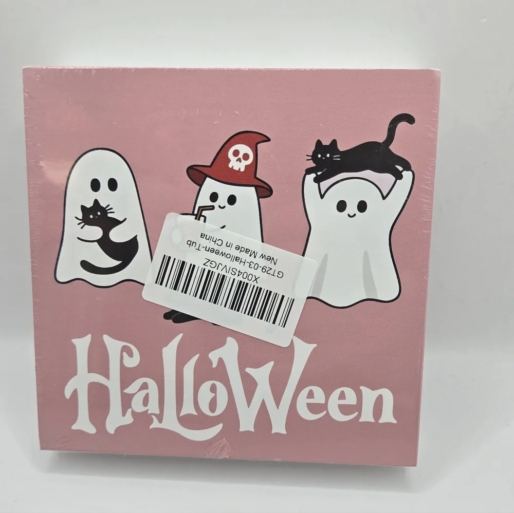 Pink Halloween Ghost Wood Block Sign – Cute Spooky Shelf Decor –‎ New